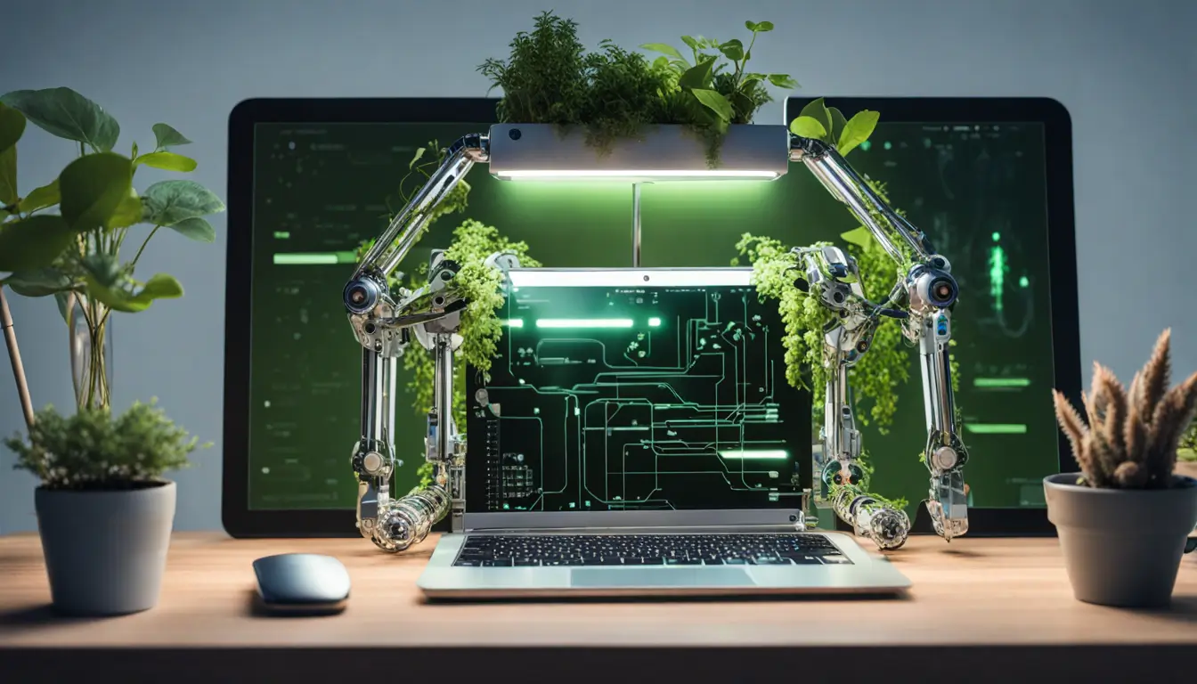Robô humanoide programando em laptop em escritório moderno, representando o impacto da IA no desenvolvimento de software.